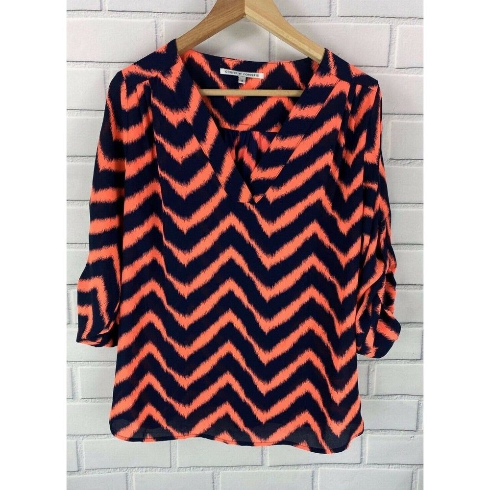 Collective Concepts Navy Blue Orange Tunic Top S